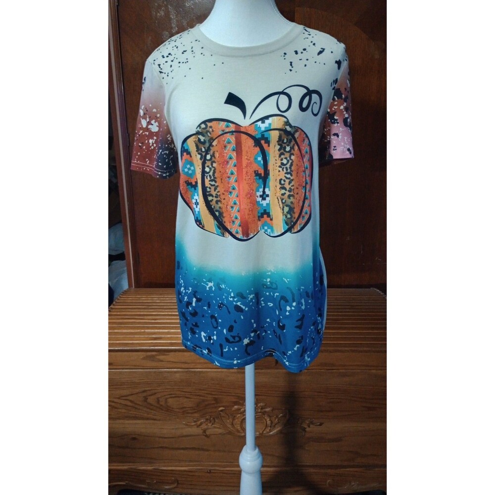 Women's Size S Halloween Pumpkin Graphic T-Shirt Crew Neck Short Sleeve Pullover